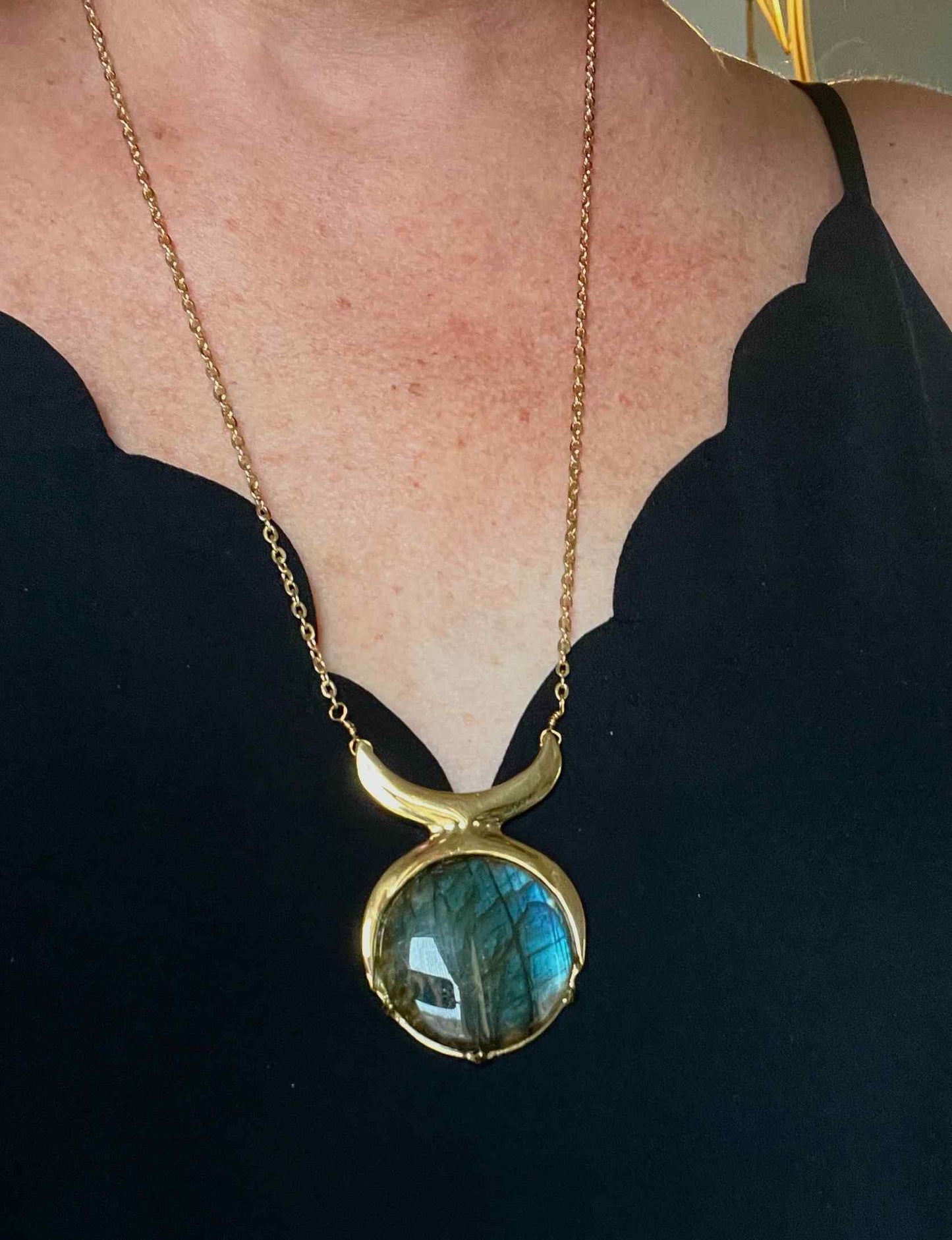 Elemental Child Crystal Crowns Brass Priestess Necklace ::  Brass :: Labradorite