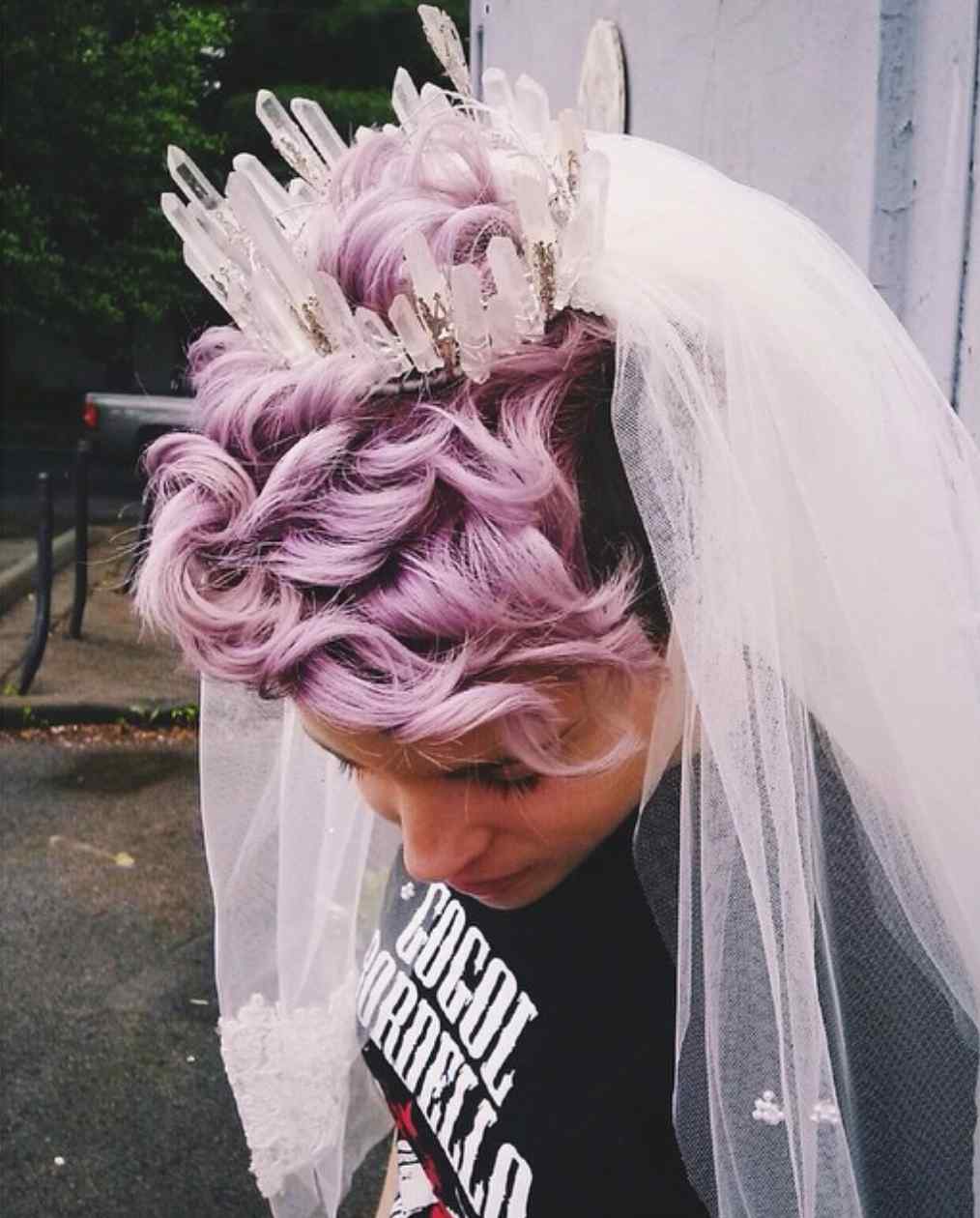 Indie Bride with purple hair in Elemental Child Bridal Crown